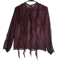 Thomas Wylde Sheer Burgundy Silk Top Fringe Ruffle Longsleeve Layer Blouse
