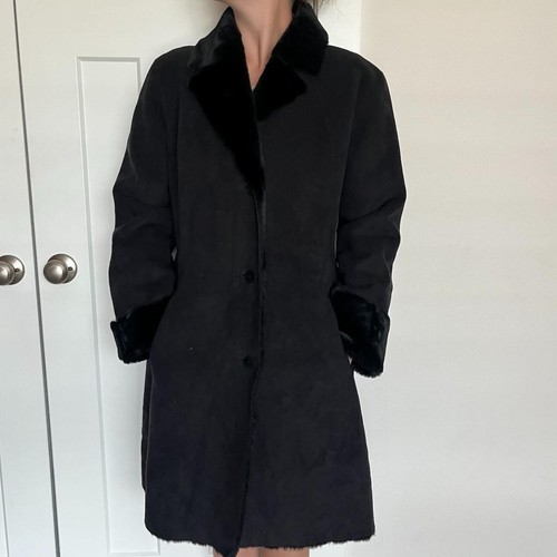 Vintage DKNY schwarzer Damenmantel mit Kunstfelllinie Größe 10 ~ Mob Wife - Bild 1 von 8