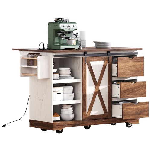 55.5" Farmhouse Dining Room Kitchen Island with Drop Leaf,Storage Cart on Wheels - Picture 13 of 24