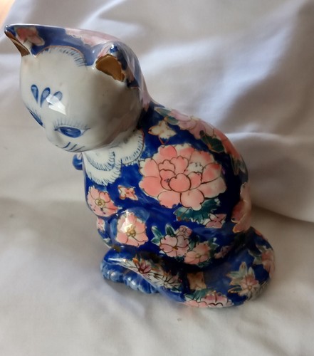 Statuina Gatto Gattino Porcellana Blu Multicolore Da Collezione Doratura Oro 9" X 6" - Foto 3 di 21