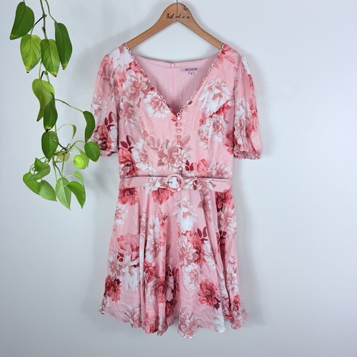 Review Size 16 Dress blush Sweet Peach Pink Floral Fit Flare With Belt - Picture 2 of 5