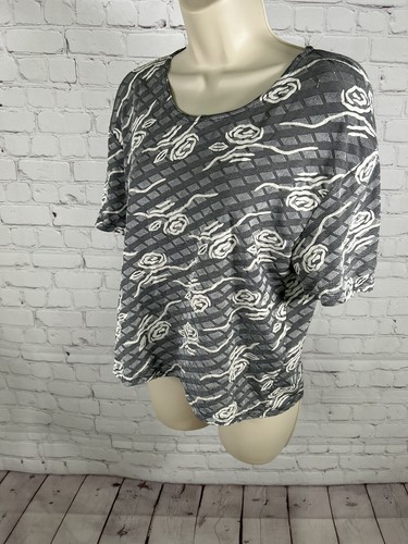 VTG Jostar USA Grey White Rose Short Sleeve Pullover Women’s Blouse L - Picture 3 of 6