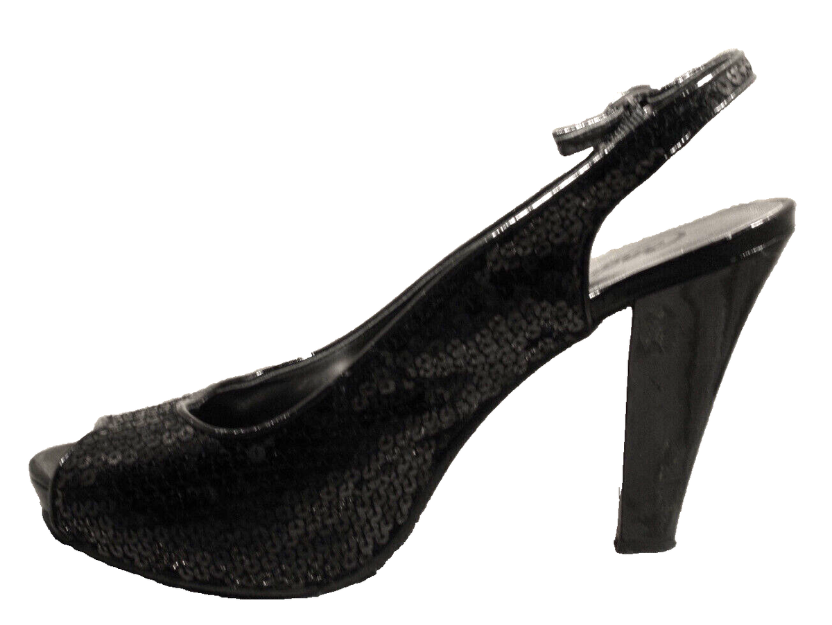 CANDIES BLACK SLINGBACK SEQUINS GLITTER PEEP STILETTO Platform MULES HEELS 