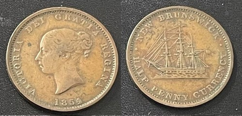1854 New Brunswick Kanada 1/2 Penny Token Queen Victoria / Segelschiff