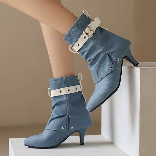 Womens Pointed Toe Buckle Straps Mid Kitten Heel Ankle Boots Shoes Plus Size - Picture 6 of 21