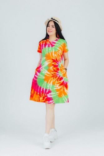 Women Short Dress Thai Handmade Tie dyed Multi Color Round Neck Short Sleeves - Picture 26 of 50