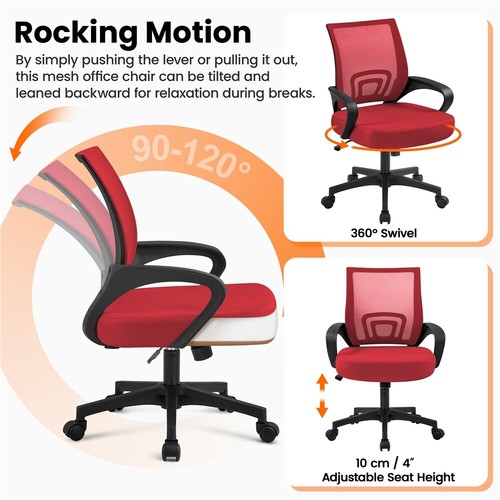 Office Chair Desk Rolling Chair Mid-Back Swivel Mesh Chair Height Adjustable Red - Picture 6 of 7