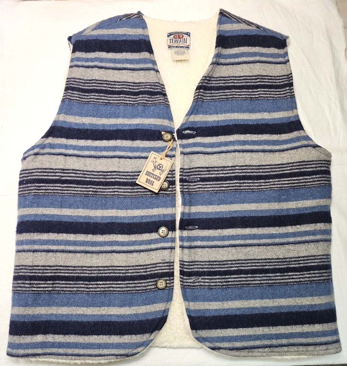 Vintage New Terrain Wool Blend Lined Sherpa Vest Blue Gray Stripes Mens Medium