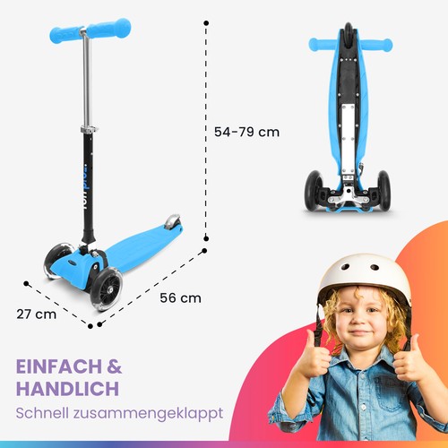 Roller Kinder Kick Scooter 3 Rad 3-6 Jahre LED höhenverstellbar klappbar blau - Bild 11 von 12