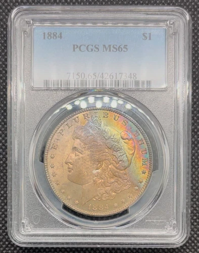 1884 $1 Morgan Silver Dollar PCGS MS65 Textile Rainbow Toned / Color
