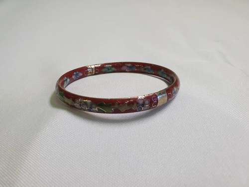 Vintage Cloisonne Red Enamel Floral Design Hinged Bangle Bracelet - Picture 6 of 10