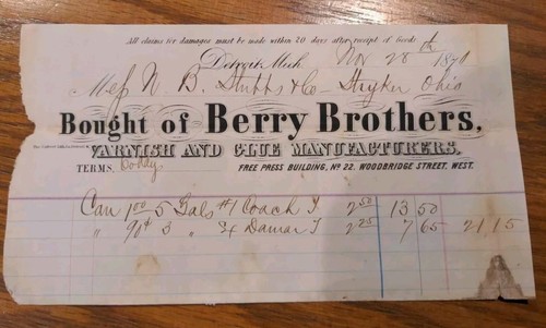 1871 Berry Brothers Varnish Glue Detroit Invoice Billhead Stubbs Stryker Ohio - Picture 7 of 7