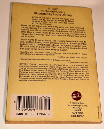 Ribsy By Beverly Cleary Book 7th Ed Dell 1985 Lost Best Dog In The Whole World - Imagen 2 de 5