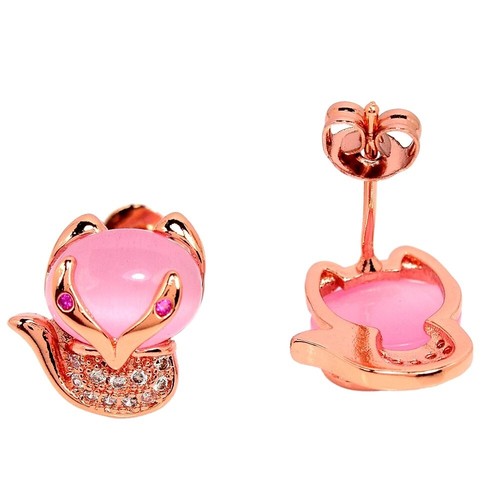 NATURAL AAA ROSE QUARTZ OVAL & WHITE CZ STERLING 925 SILVER CATS STUD EARRING - Picture 2 of 6