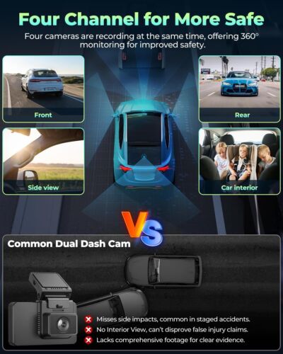 Dash Cam 4 Channel 360° Front Rear Inside DashCam, FHD 1080P Car Camera 128GB - Picture 7 of 8