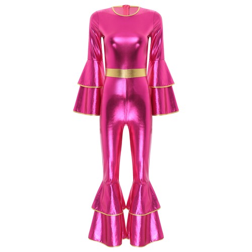 Women's 70s Disco Costumes Metallic Shiny Retro Jumpsuits Tiered Flare AU - Picture 12 of 105