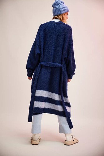 Cárdigan Free People Por Yarda Largo Cinturón Lana Azul Marino Talla XL - Imagen 2 de 4