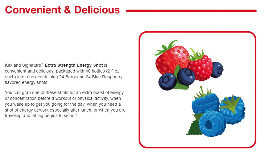 Kirkland Energy Shot Extra Strength 48 Bottles 2oz Each 230mg Caffeine Berry Mix