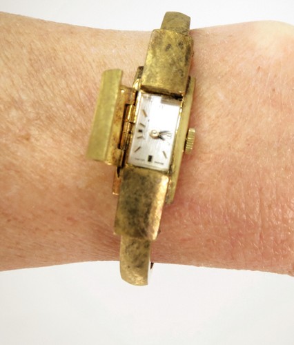 VTG Works RITMA Wind-Up Swiss Watch 10K Gold Plate Elegant Brushed MCM RUNS Cuff - Picture 3 of 10
