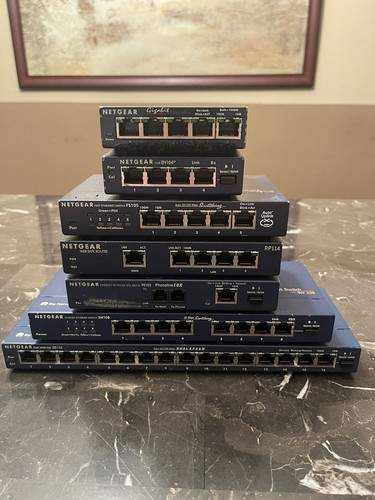 NETGEAR LOT 7 GIGABIT INTERNET SWITCH MODEL DS116 SW108 PE102 RP114 FS105 GS105 - Picture 1 of 3