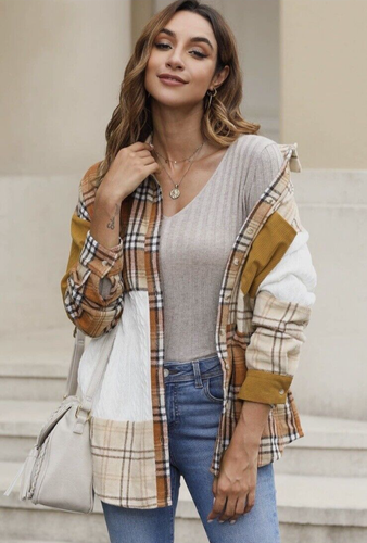 Women’s Flannel Long Sleeve Plaid Color Block Patchwork Shirt Jacket with Pocket - Bild 3 von 7