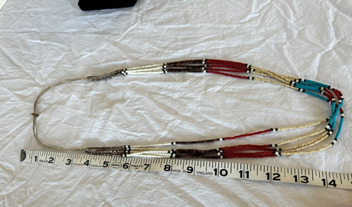 Native American 5 Strand Red Coral Heishi Turquoise Bead Necklace 28" - Picture 5 of 9