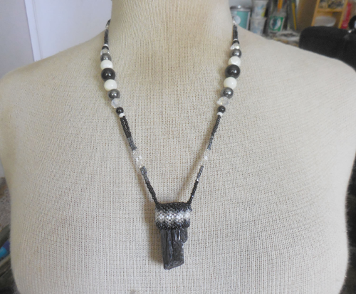 Raw Black Tourmaline Adjustable Beaded Necklace w/ Onyx Hematite Gemstone Beads - Picture 2 of 10