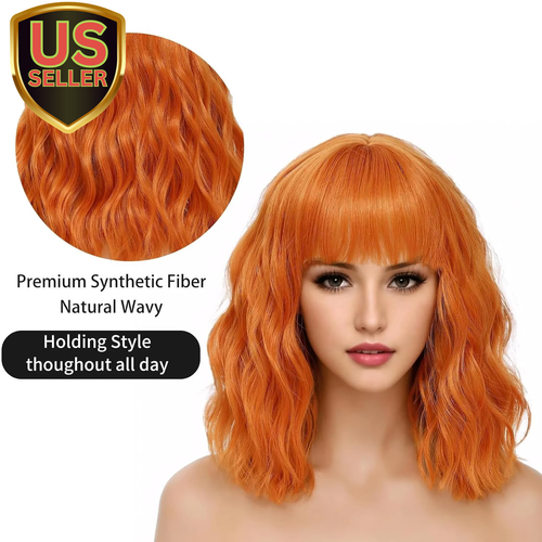 14 Inches Dark Orange Wig with Air Bangs for Women Girls Short Loose Curly Wavy - Picture 5 of 9