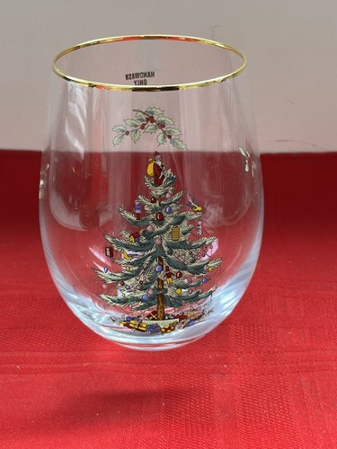 NEW SPODE CHRISTMAS TREE STEMLESS 4.5” WINE GLASS GOLD RIMMED - Picture 7 of 7