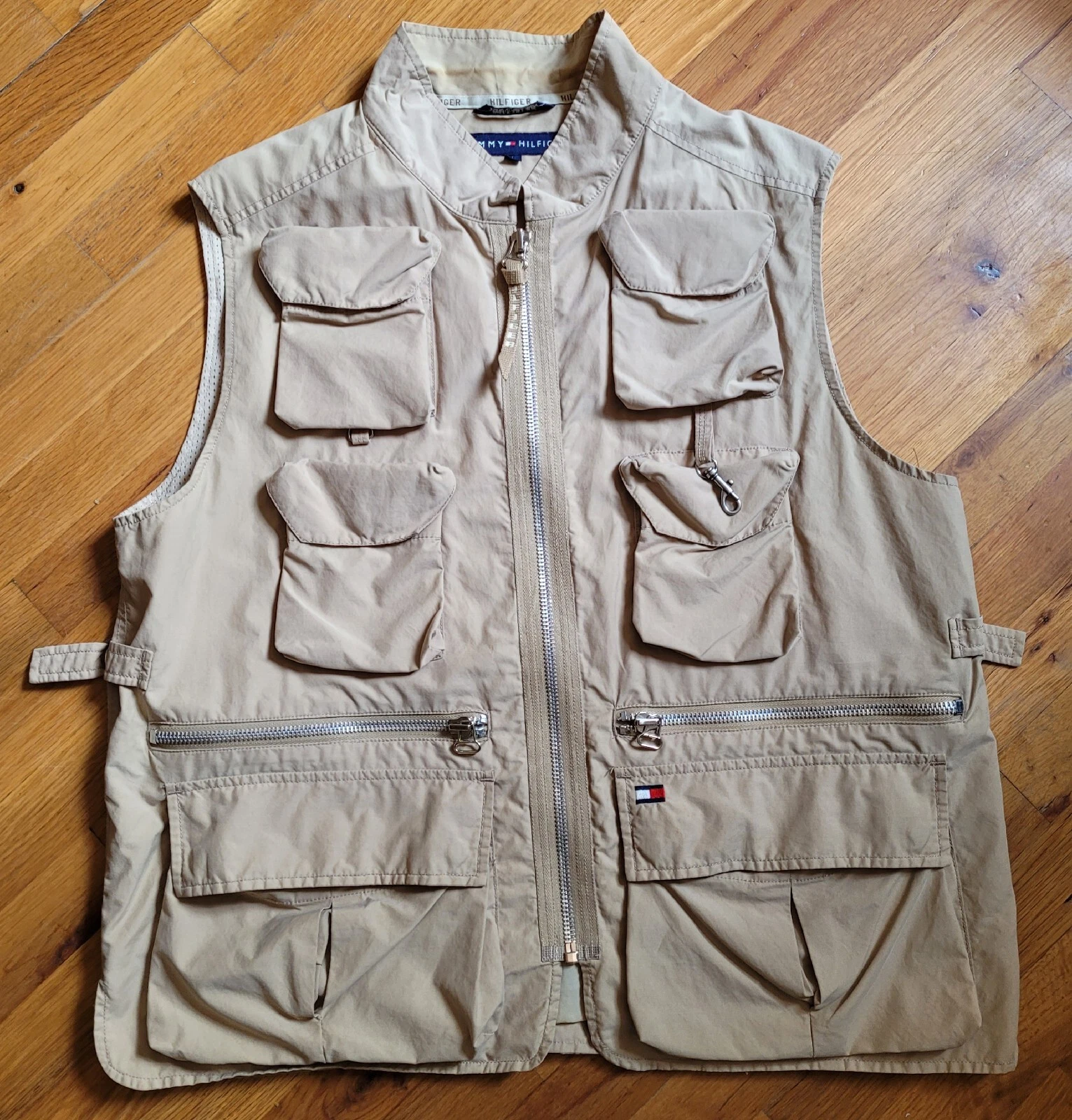 VTG Tommy Hilfiger Mens Vest Sz L Beige Fishing Hiking Hunting Outdoor Pockets