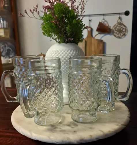 Vintage Anchor Hocking Quilted Diamond Pattern Beer Mugs Set Of 4