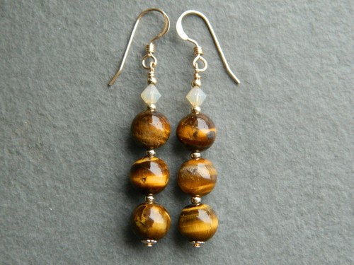 Genuine Natural TIGER'S EYE Gemstones, Swarovski Crystal & Rolled Gold Earrings - Picture 6 of 17
