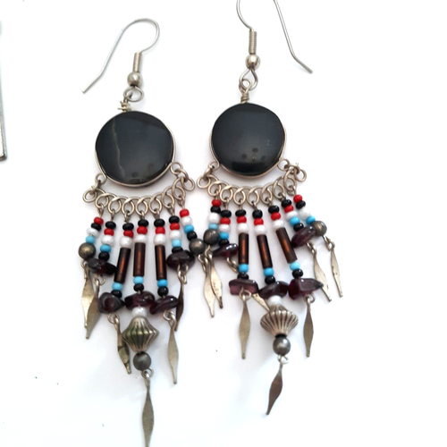 Boho Southwestern Style Long Dangle Earrings Lot of 4 Silver Tone Beaded Aztec - Picture 5 of 6