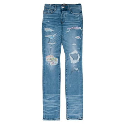 Amiri DISTRESSED DENIM HAWAIIAN PATCHWORK ROSEBOWL MX1 Amiri DISTRESSED DENIM HAWAIIAN PATCHWORK ROSEBOWL MX1