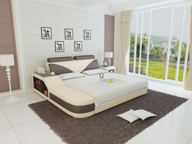 Design Polster Doppel Bett Moderne Schlafzimmer Betten 140x200cm + USB & Regal Design Polster Doppel Bett Moderne Schlafzimmer Betten 140x200cm + USB & Regal
