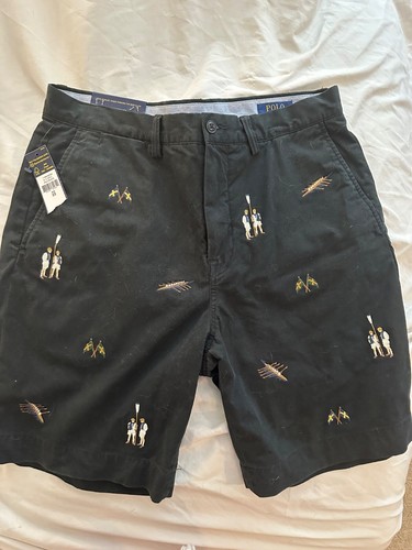 Polo Ralph Lauren Mens Black Chino shorts W33 NWT Inseam 9"Embroidered Nautical