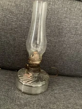 Antique Finger Oil Lamp With Clear Swirl Base 7“ Tall With Clear Globe