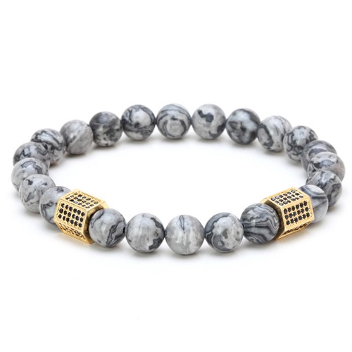 Men Micro Pave CZ Hexagon Gray Map Stone Picasso Jasper Beaded Bracelets Jewelry - Picture 8 of 10