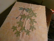 Dragonfly Hand Embroidered Panel Vintage Vogart Style Tinted Fabric