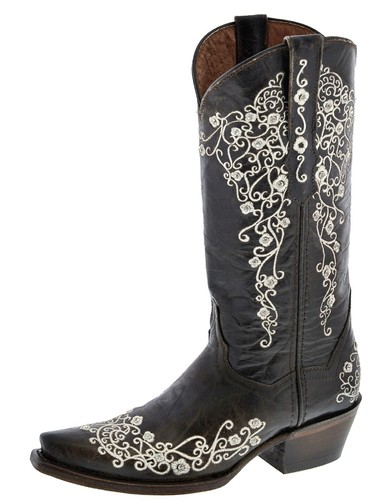 Womens Rodeo Boots Dark Brown Flower Embroidered Leather Mujer Botas 6, 7, 8, 9 - Picture 1 of 5