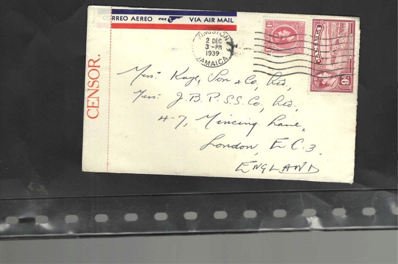JAMAICA-1939-CENSOR-KINGSTON TO LONDON-FRANKING!!-F-#8