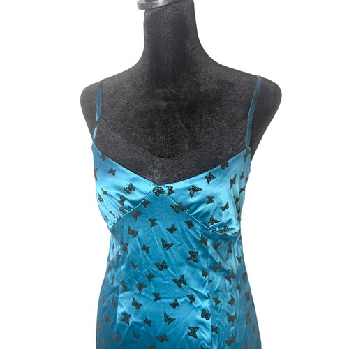Wild Fable Teal Mini Slip Dress Size 2 Black Butterfly Lace Trim Y2K Coquette - Picture 4 of 11