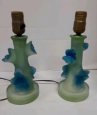 Vintage Boudoir Lamps Set Thick Glass Art Nouveau Embossed Floral Rare Find