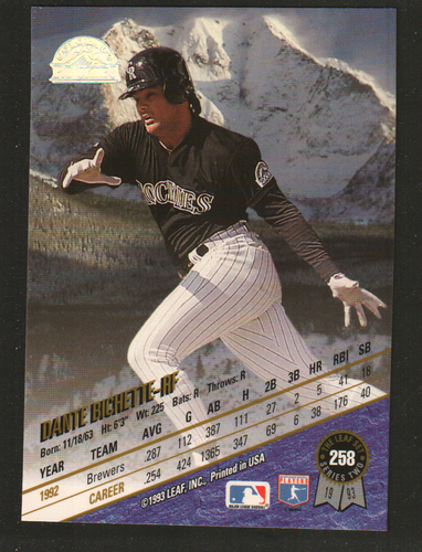 1993 Leaf Baseball #258 - Dante Bichette - Colorado Rockies  93-691 - Picture 2 of 2