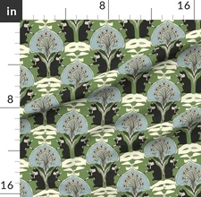 Whimsical Tp Cat Green Art Nouveau Art Deco Printed Cotton Fabric By The Yard