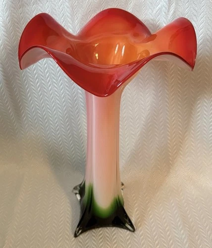 Vintage Murano Style Jack In The Pulpit Art Glass Vase Red Orange Green 14.5”