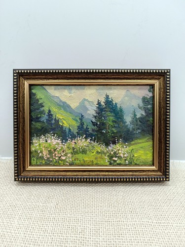 Sommer Natur Ölgemälde Original Kunst Land Landschaft Blumenwiese 4 x 6 Zoll - Bild 4 von 6
