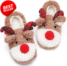 Women s Fuzzy Reindeer House Slippers Cozy Christmas Indoor Stuffed Shoes - US