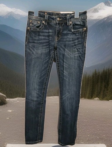 Miss Me Signature Skinny  Women's 30x30 Jeweled Thick Stitch Denim Blue Jeans  - Picture 1 of 19