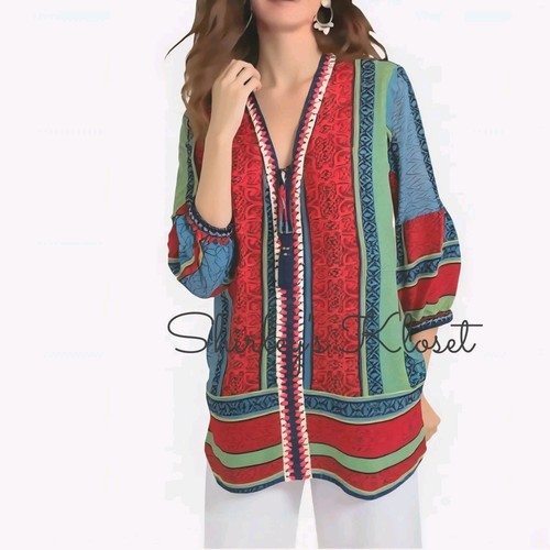 ALI MILES Boho Multicolor Print transparente Tunika Top Häkelborte Quaste zum Binden XL *Fehler